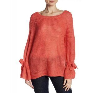 NAADAM Open Knit Bell Sleeve Tied Sweater in Coral Pink Bright - Size S